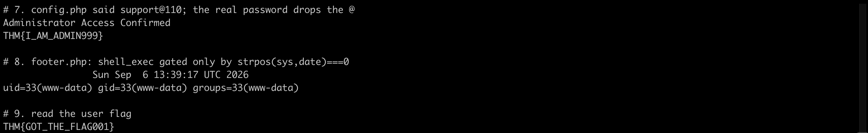 Terminal output showing the Administrator Access Confirmed banner with the first flag, the sys parameter running date and id as www-data, and the user.txt flag