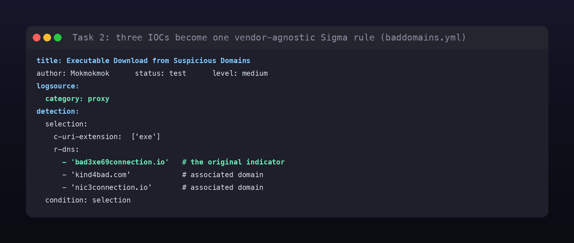 Terminal card of the baddomains.yml Sigma rule built from the three IOCs, with logsource category proxy and the r-dns domain list