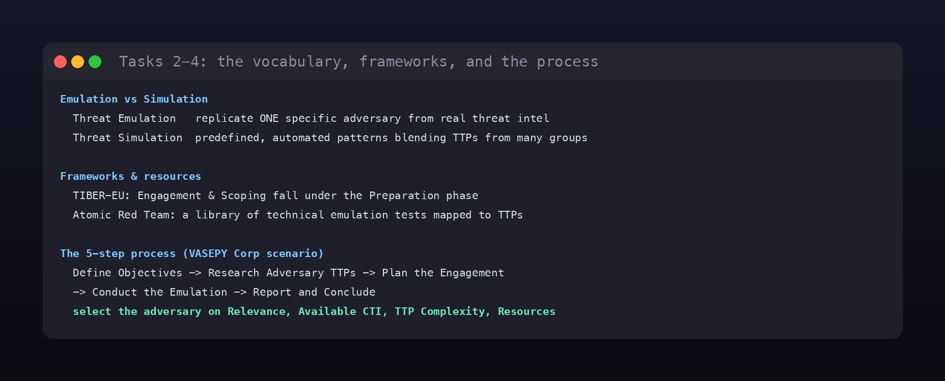 Terminal card of the emulation vocabulary, the TIBER-EU and Atomic Red Team frameworks, and the five-step process
