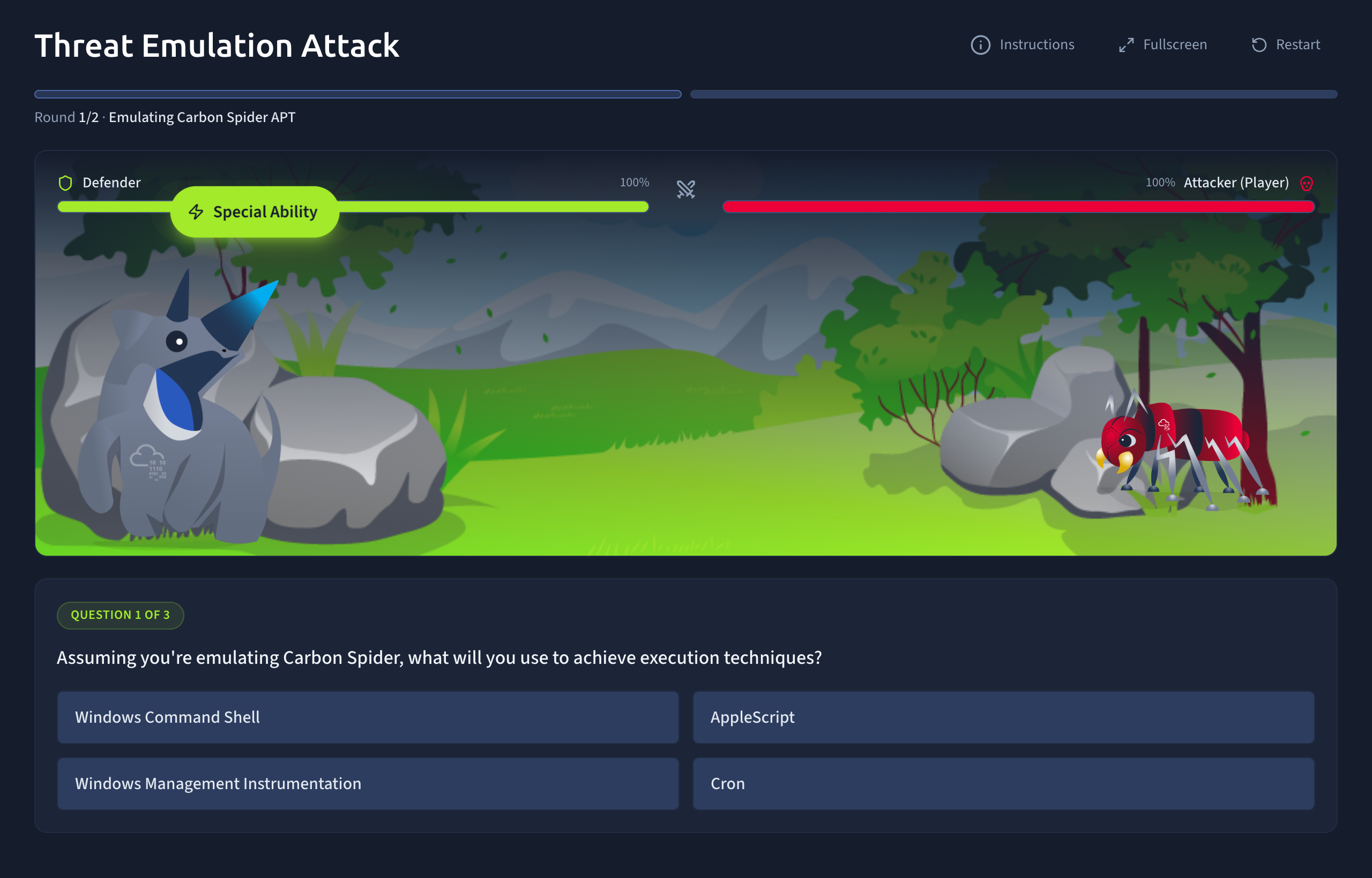 Real screenshot of the Threat Emulation Attack exercise: Round 1 emulating Carbon Spider APT, with attacker and defender health bars and a multiple-choice execution-technique question