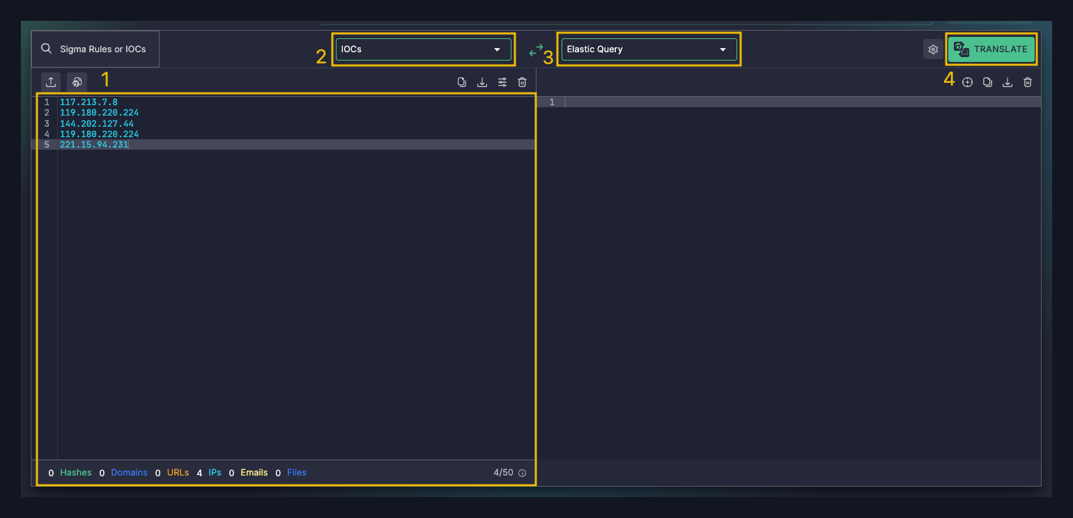 The Uncoder.io interface converting an IOC list into an Elastic Query, showing four deduplicated IPs