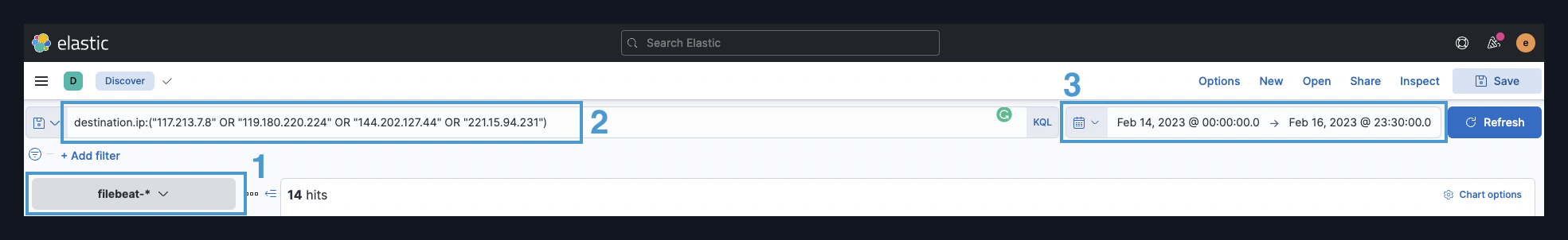 Kibana Discover with the filebeat-star index, a destination.ip query for the IOC IPs, and the Feb 2023 time range