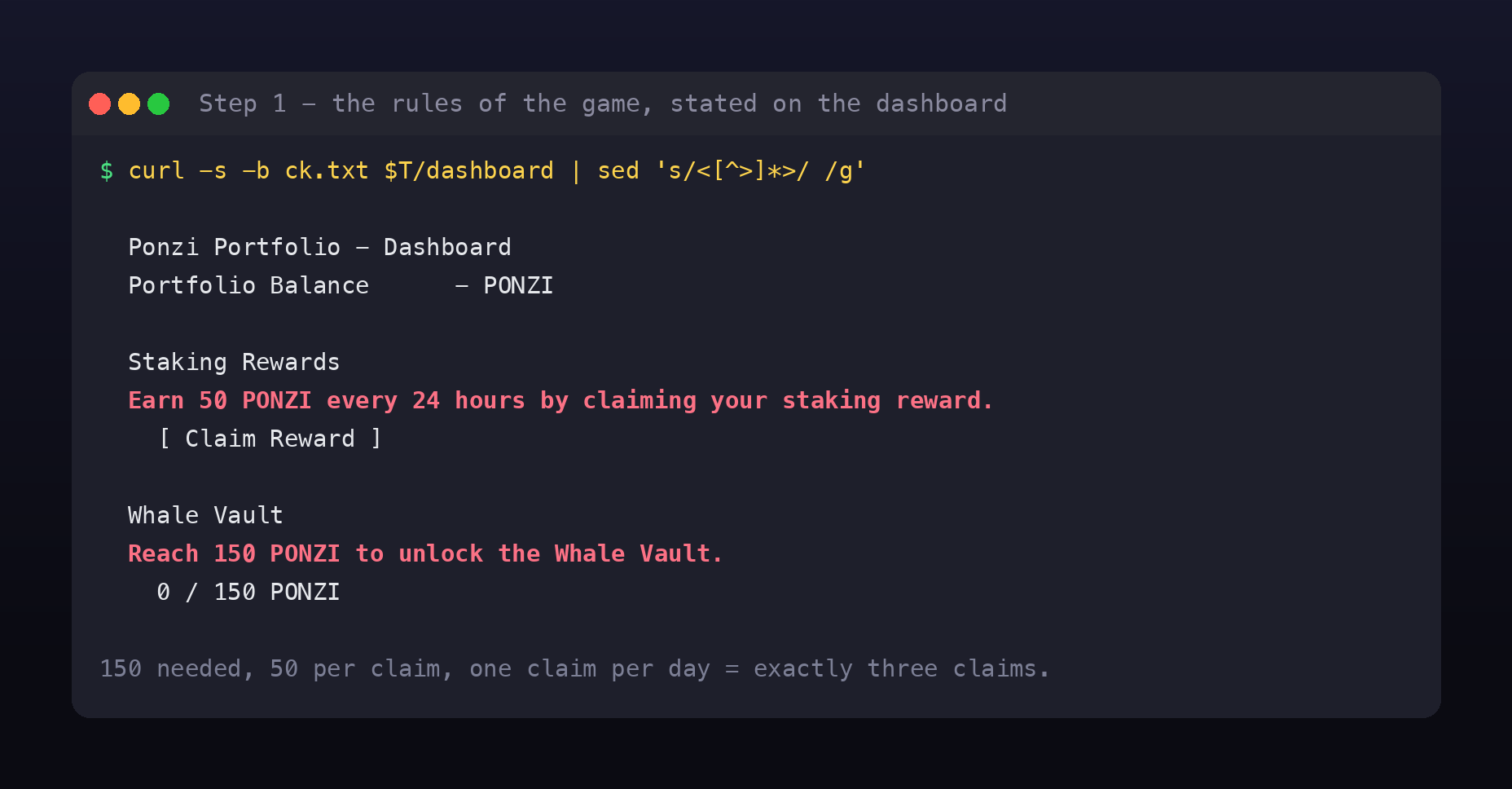 Dashboard text showing Portfolio Balance, Staking Rewards offering 50 PONZI every 24 hours, and a Whale Vault requiring 150 PONZI to unlock, currently at 0 of 150