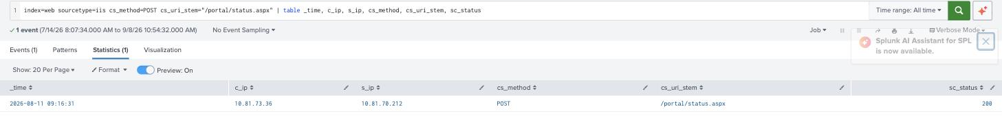 Splunk showing the single POST request to /portal/status.aspx