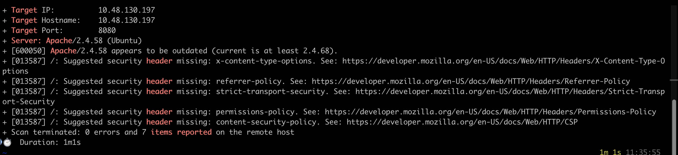 Nikto reporting Apache 2.4.58 and missing security headers