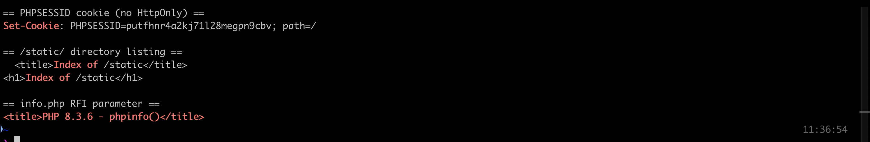 curl confirming the missing HttpOnly flag, static directory listing and phpinfo page