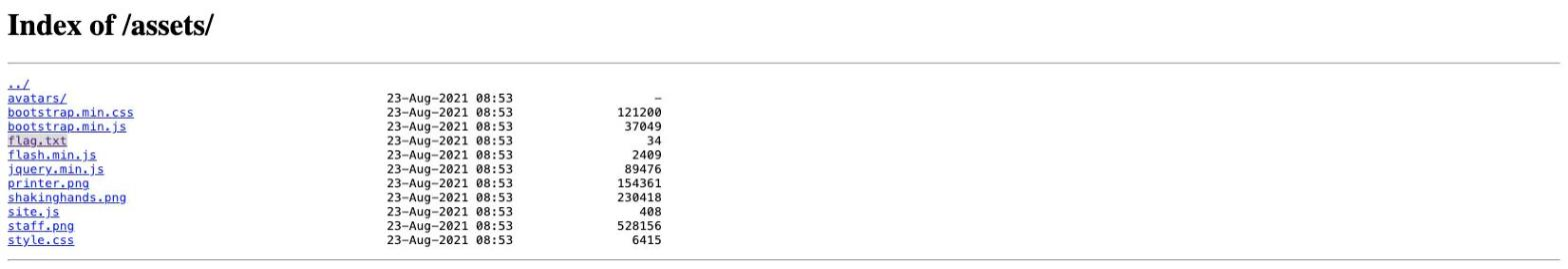 Browser showing the open directory listing at Index of /assets/ on the Acme IT Support site, with flag.txt visible alongside the CSS, JS and image files