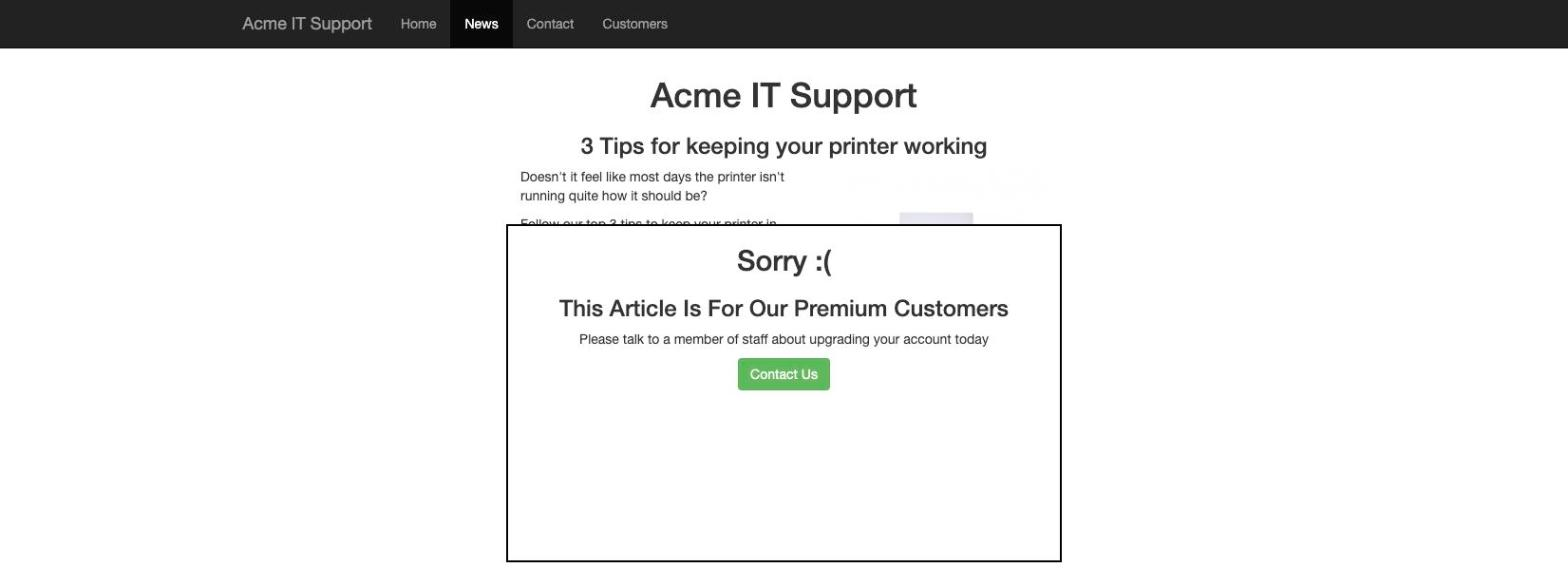 The paywalled printer article on Acme IT Support with a Sorry, This Article Is For Our Premium Customers blocker box covering the content below the first two lines