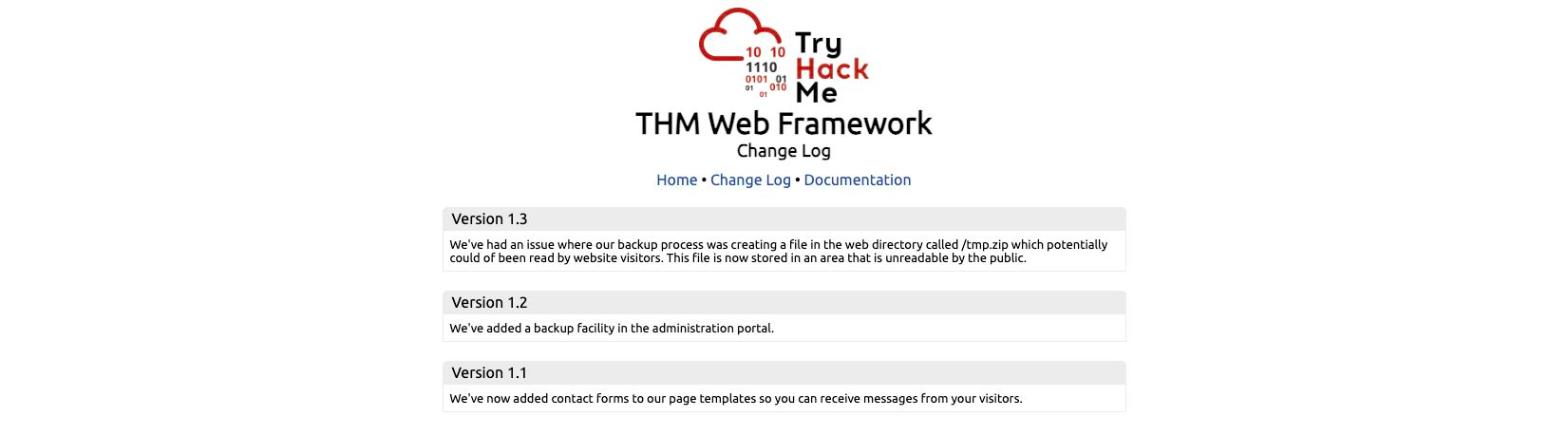The THM Web Framework change log page showing Version 1.3 fixed a backup process that created a readable /tmp.zip in the web directory, above the Version 1.2 and 1.1 entries