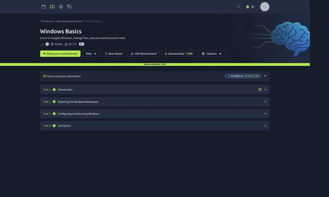 The Windows Basics room on TryHackMe at 100 percent, showing the four tasks Introduction, Exploring the Windows Workspace, Configuring and Securing Windows, and Conclusion all complete