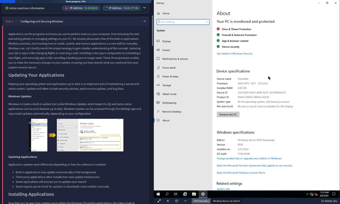 The Settings About page showing Device specifications with Device name TryHatMe and Installed RAM 4.00 GB, and Windows specifications listing Windows Server 2019 Datacenter version 1809