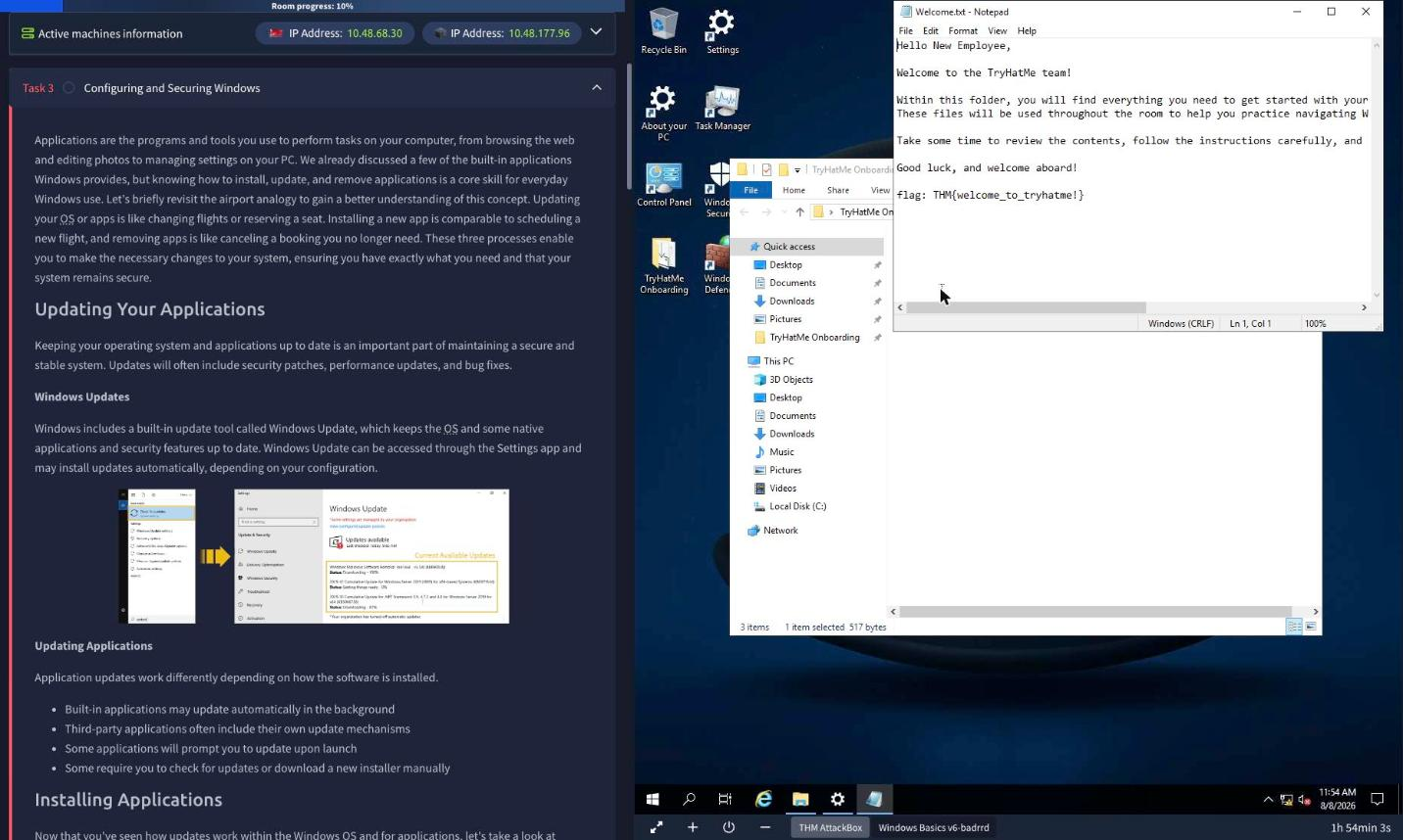 Welcome.txt open in Notepad reading Hello New Employee, Welcome to the TryHatMe team, with the flag THM new_pc line, next to the room&rsquo;s Task 2 answer fields