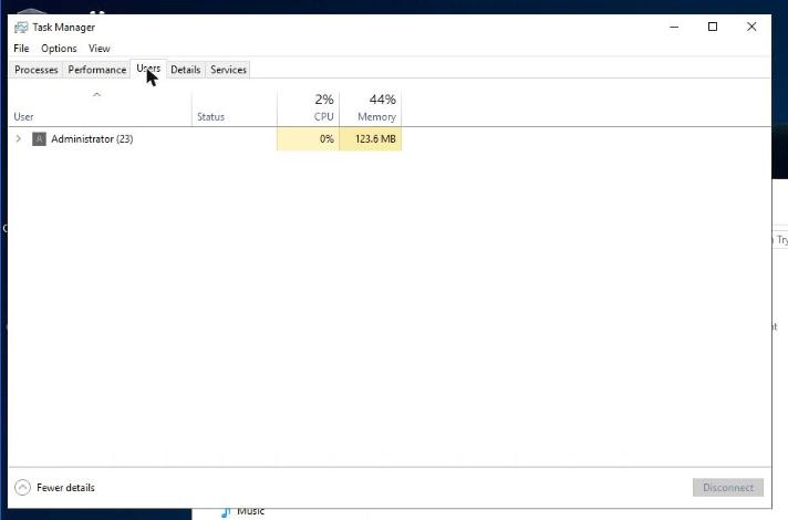 Task Manager on the Users tab showing a single logged-in user, Administrator