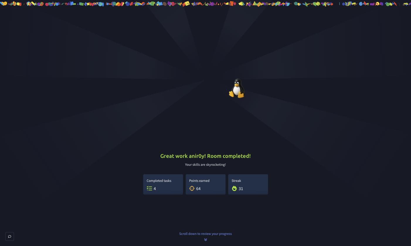 The Windows Basics room completed on TryHackMe, all four tasks done, 64 points earned