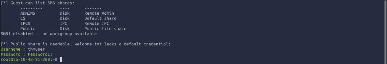 Guest SMB session leaking the thmuser credential from the Public share