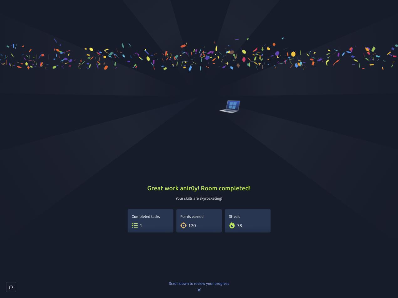 TryHackMe Windows Jump completed, four flags, one task