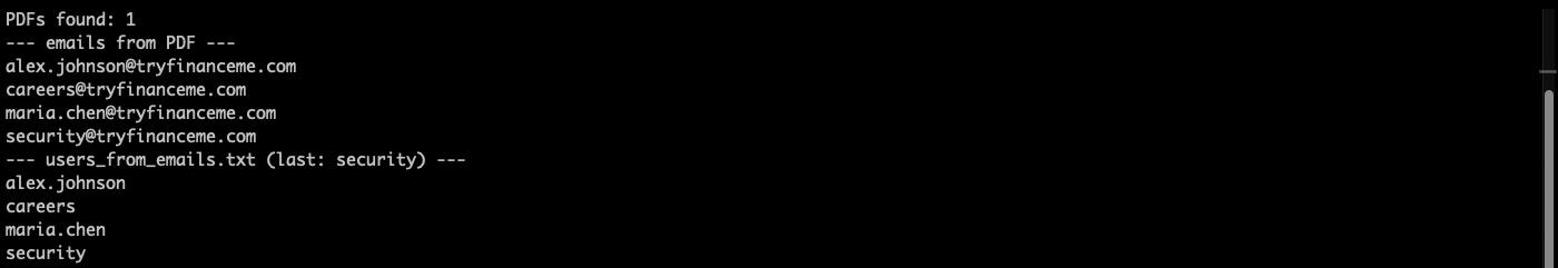 PDF harvest: one PDF, four emails, and users_from_emails.txt ending in security