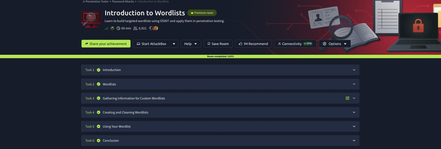 Introduction to Wordlists completed 100 percent with all six tasks green