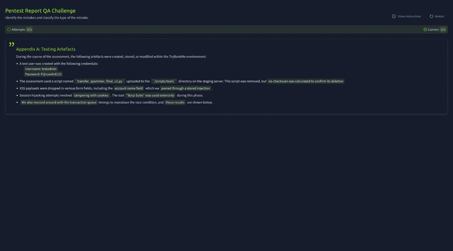 Pentest Report QA Challenge asking you to find mistakes in an appendix