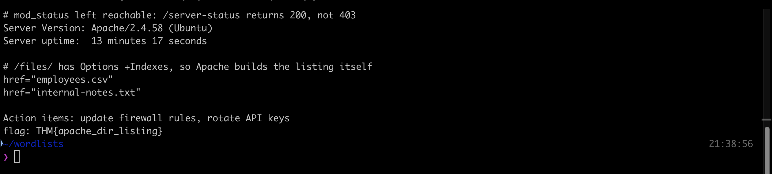 Terminal output showing Apache server-status returning version and uptime, the listable /files/ directory, and the flag inside internal-notes.txt