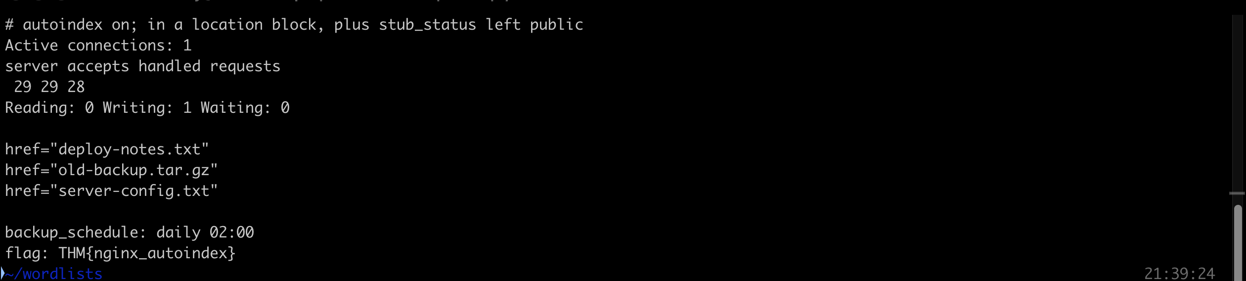 Terminal output showing the nginx stub_status connection counters, the autoindex listing of deploy-notes.txt, old-backup.tar.gz and server-config.txt, and the flag inside server-config.txt