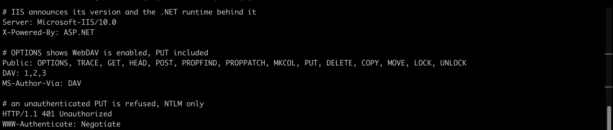 Terminal output showing the Microsoft-IIS 10.0 Server header, the ASP.NET X-Powered-By header, the WebDAV Public verb list including PUT, and a 401 Unauthorized on an unauthenticated PUT offering only Negotiate and NTLM