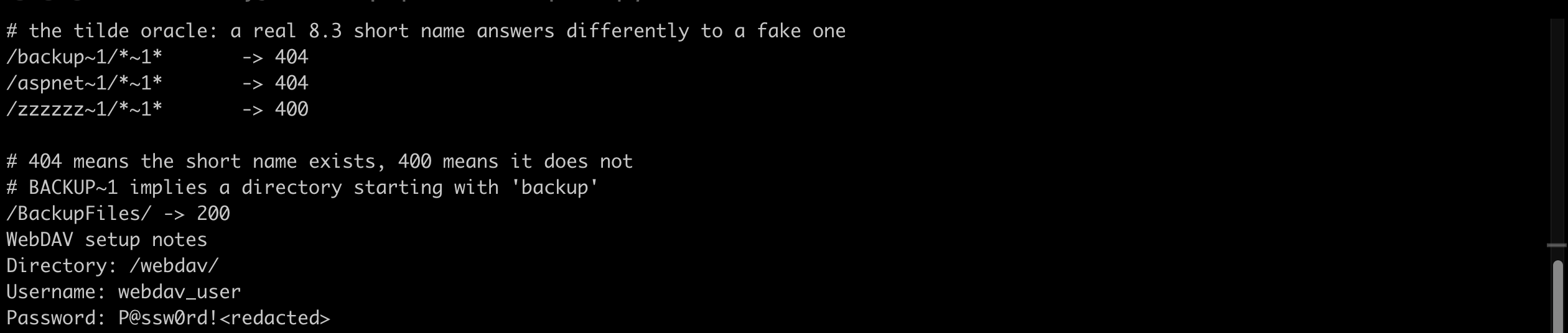 Terminal output showing 404 responses for the backup and aspnet tilde paths versus 400 for a fake one, then the BackupFiles directory returning 200 and the webdav notes file with the username and a redacted password