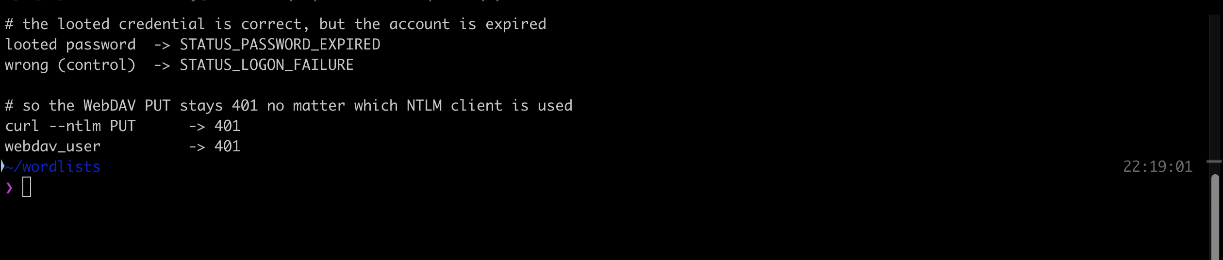 Terminal output showing the looted password returning STATUS_PASSWORD_EXPIRED while a deliberately wrong password returns STATUS_LOGON_FAILURE, and the WebDAV PUT returning 401 from two different NTLM clients