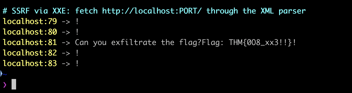 SSRF through XXE scanning localhost ports, port 81 returns the internal application flag