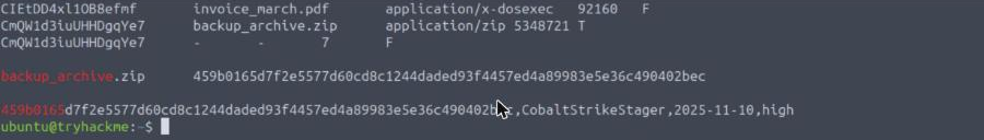 Terminal output showing three files.log rows, the SHA256 of backup_archive.zip, and the matching threat-feed line naming CobaltStrikeStager